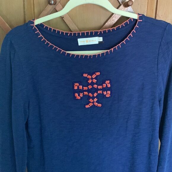Tory Burch Jayda blue long sleeve beaded Tee top - Picture 5 of 8
